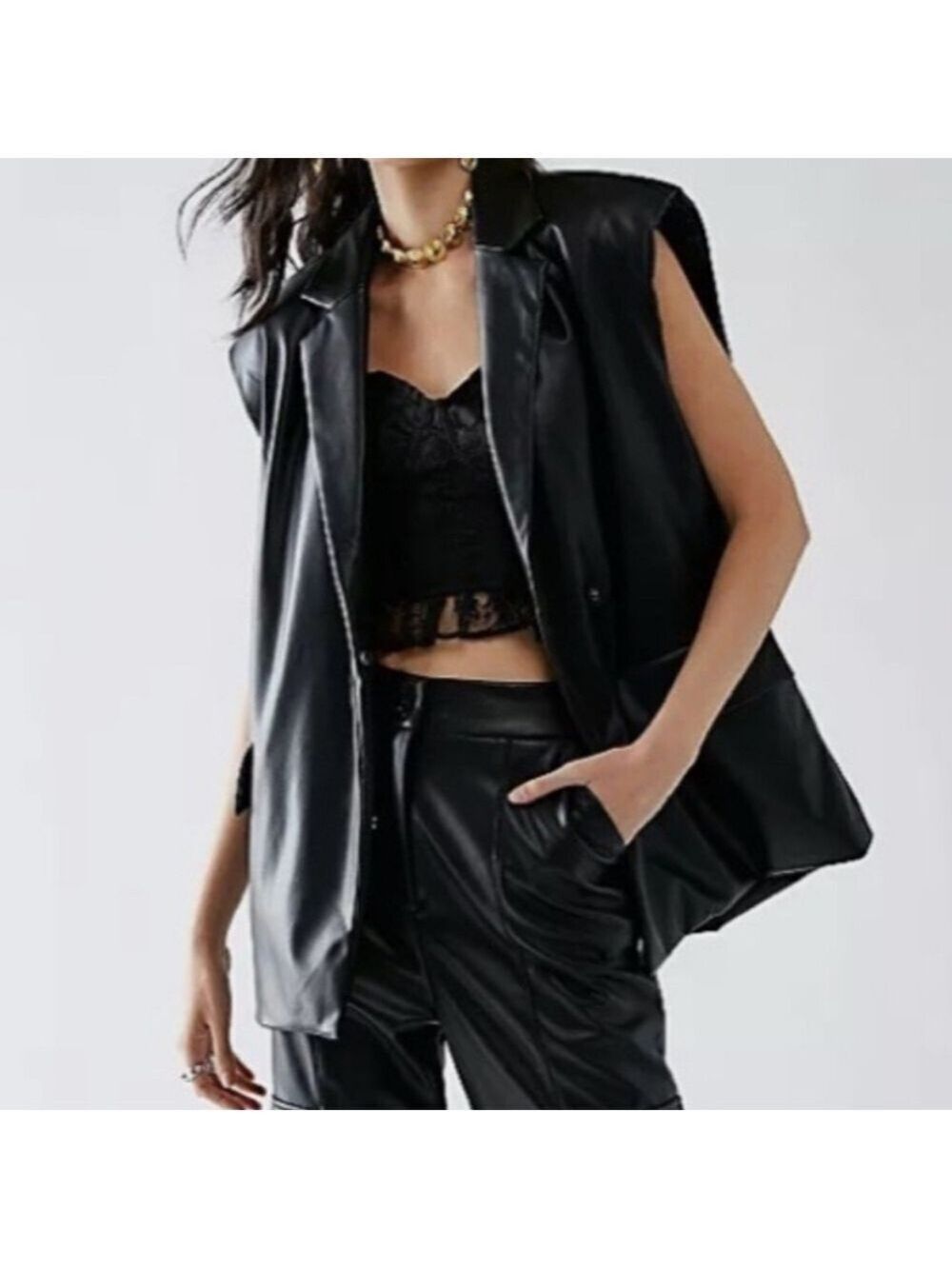 Free People Native Youth Vegan Leather Vest. NWT. Black